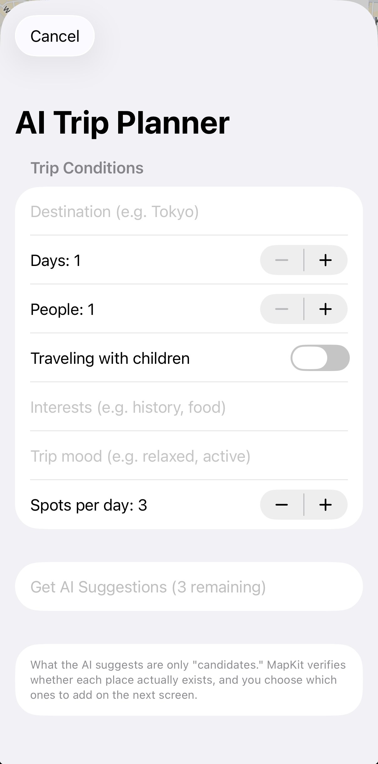 AI Trip Planner screen